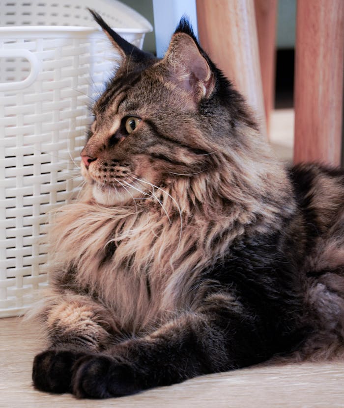 Home Close-up of a majestic Maine Coon cat lounging indoors, showcasing its thick fur and attentive gaze.